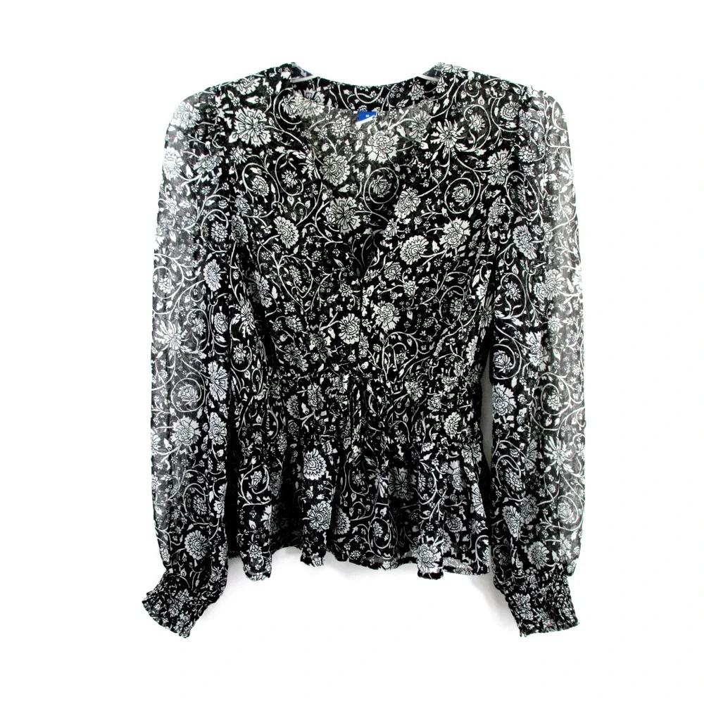 Old Navy Womens Medium Black Floral Peasant Blouse Boho Smocked Puff Sleeve